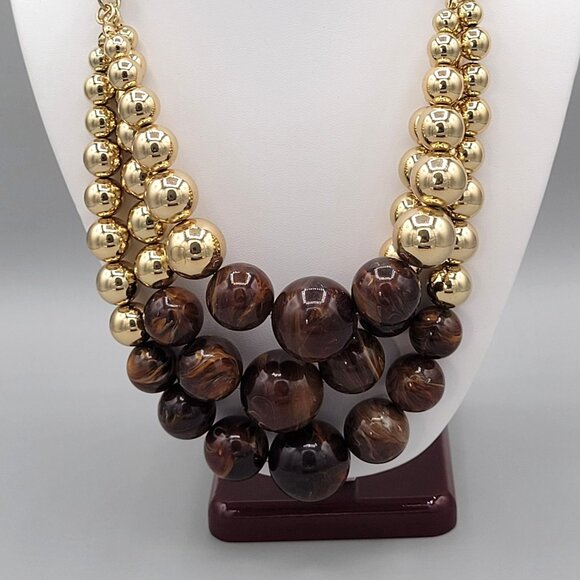 Erica Lyons Chunky Beaded Statement Necklace Gold Brown Beads Triple Strand - Picture 2 of 9